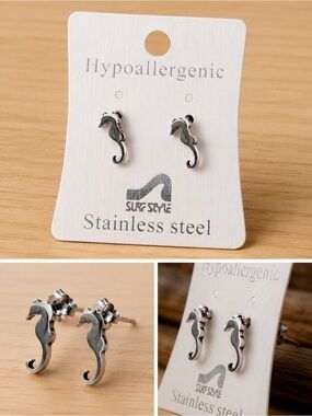 surf style Stainless Steel Seahorse Stud Earrings in Silver